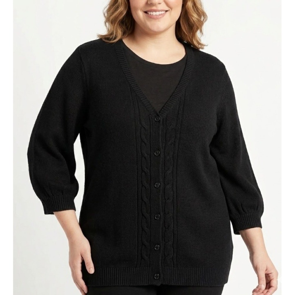 Isaac Mizrahi Cardigan sz 2X Black Cable Knit Detail Metallic 3/4 Sleeve Preppy